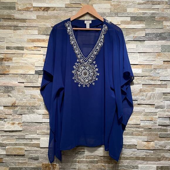 Chico’s Beaded Kaftan Top Coverup S/M | Sheer Blue Resortwear, Embellished Boho - Picture 1 of 8